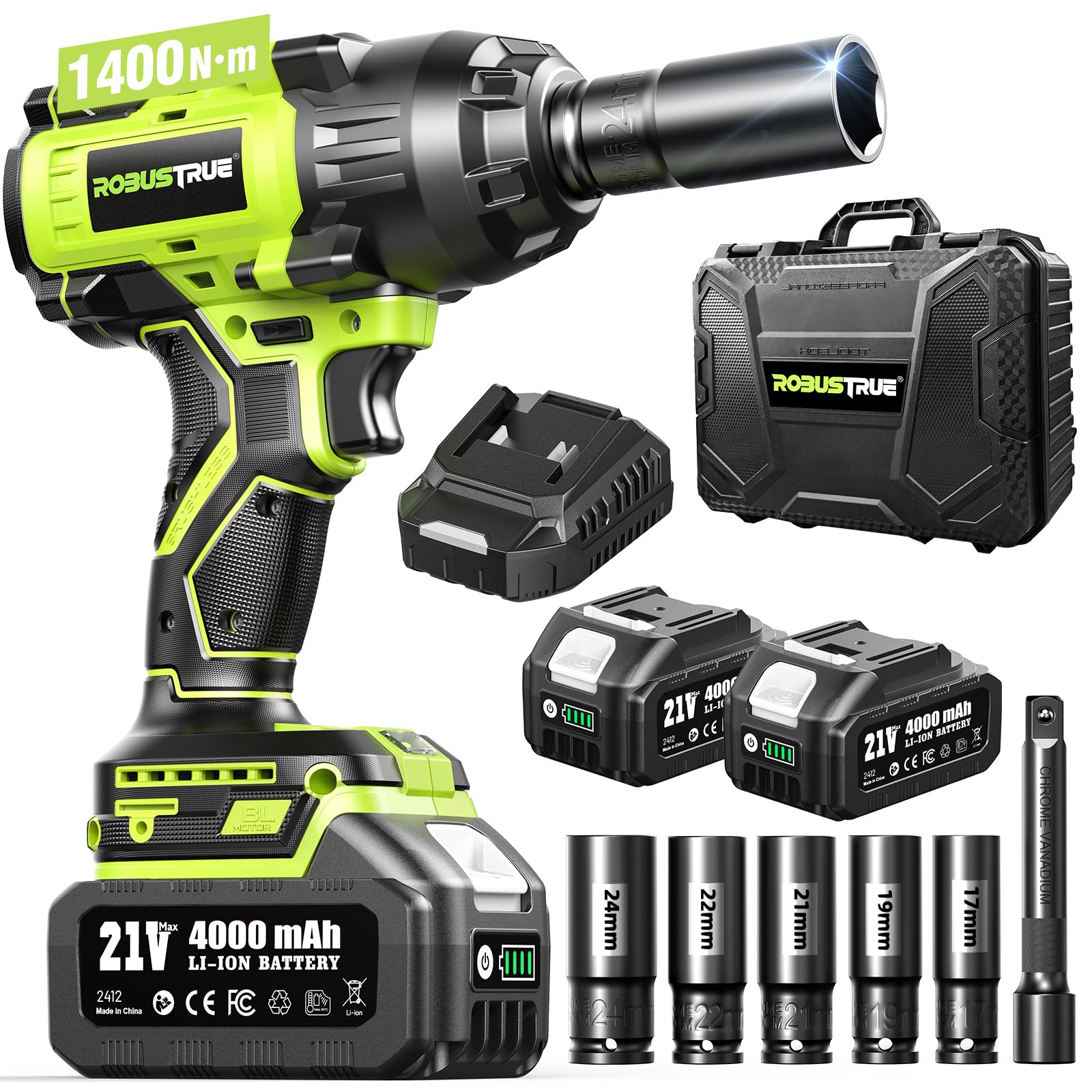 Photo 1 of Robustrue 1400N.m (1032ft-lbs) Cordless Impact Wrench, 1/2 High Torque Brushless Impact Gun, 2400RPM Power, 2 x 4.0Ah Batteries, Fast Charger, Impact Wrench for Heavy Duty Truck RV Mower