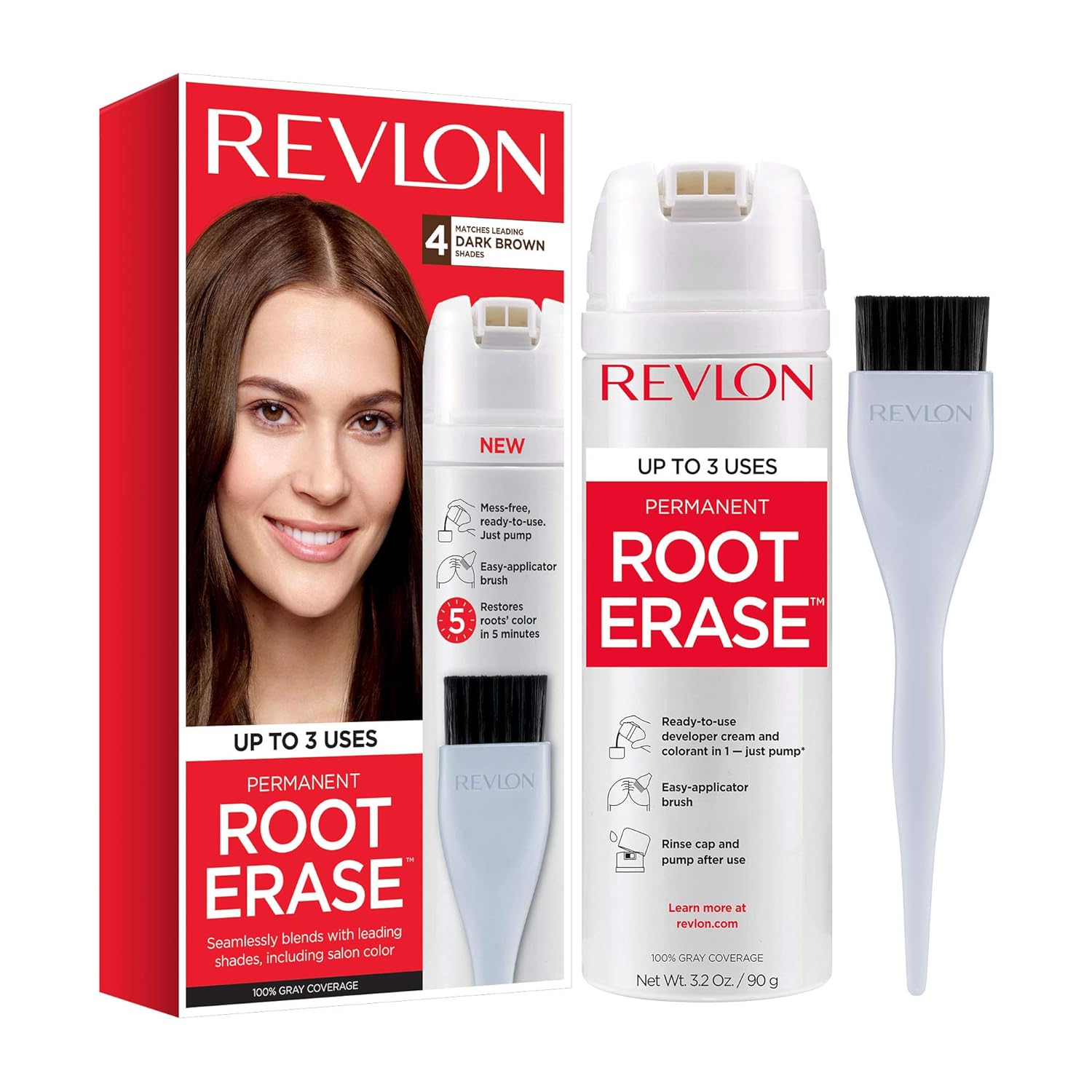 Revlon Root Erase Permanent Hair Color, At-Home Root Touchup Hair Dye with Applicator Brush for Multiple Use, 100% Gray Coverage, Dark Brown (4), 3.2 oz: Beauty