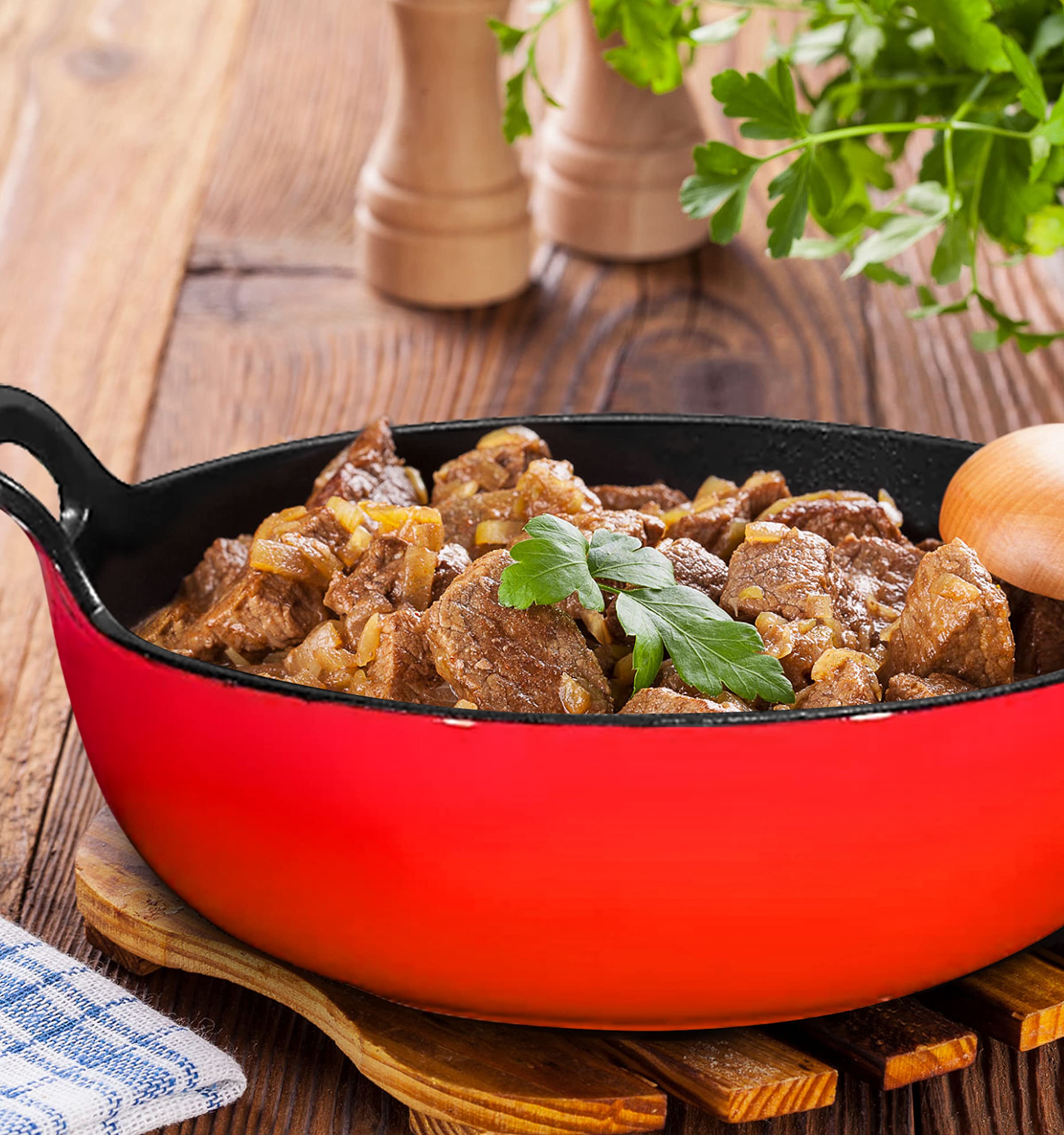 Bruntmor 3 Quart Red Enameled Cast Iron Wok, Cast Iron Wok, Pot Dish, Cast Iron Biryani Pot, 3qt Instant Pot Bakeware Sets, Stove and Oven Safe
