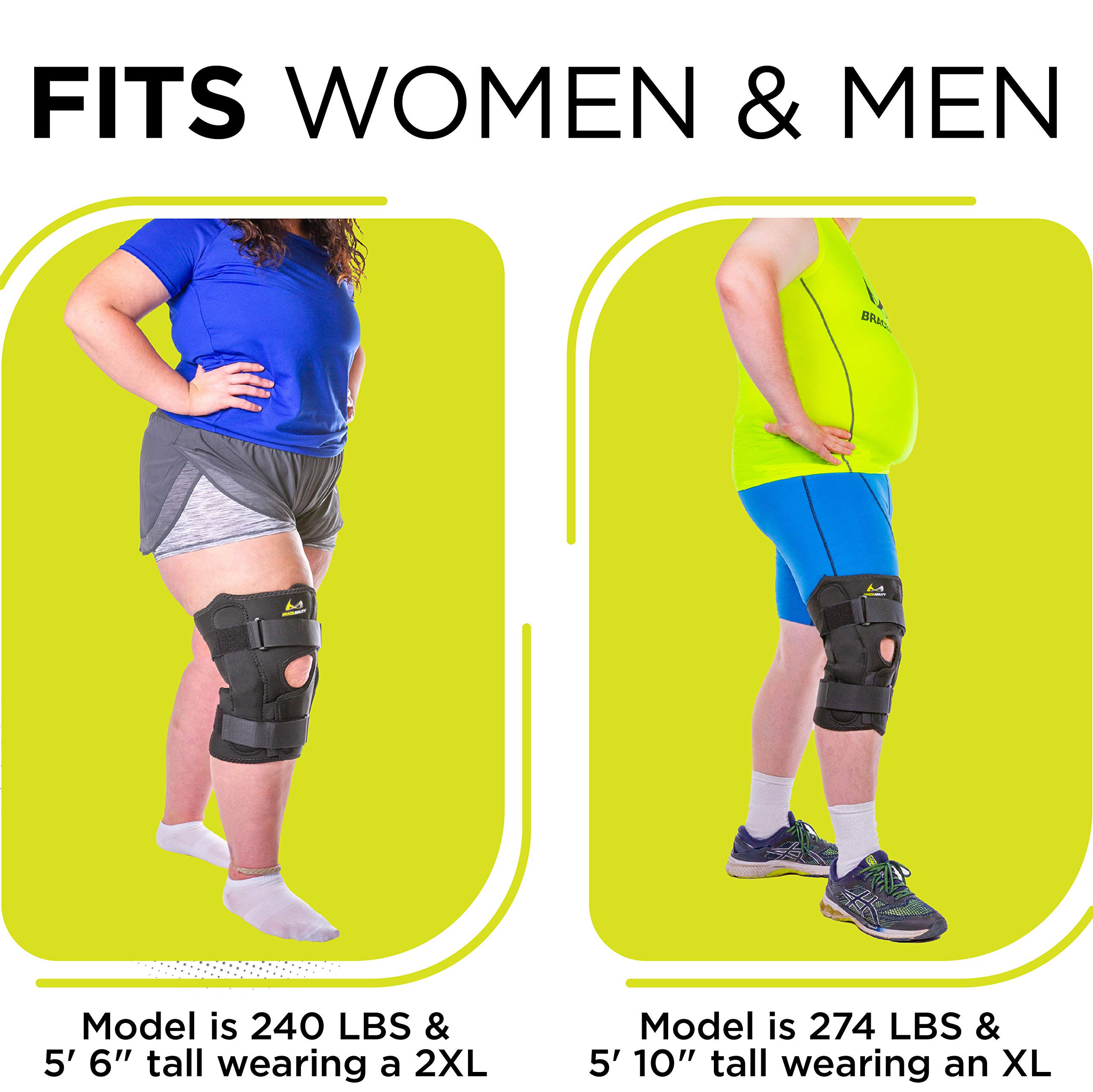 BraceAbility Obesity Hinged Knee Pain Brace - Overweight Men and Women's Wraparound Plus-Size Support for Osteoarthritis, Weak Joints, Medial and Lateral Kneecap Instability (Large)