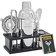 Mixology Bartender Kit - 8-Piece Silver Cocktail Shaker Set with Black Wood Stand, Recipe Cards, and Bar Accessories Ideas