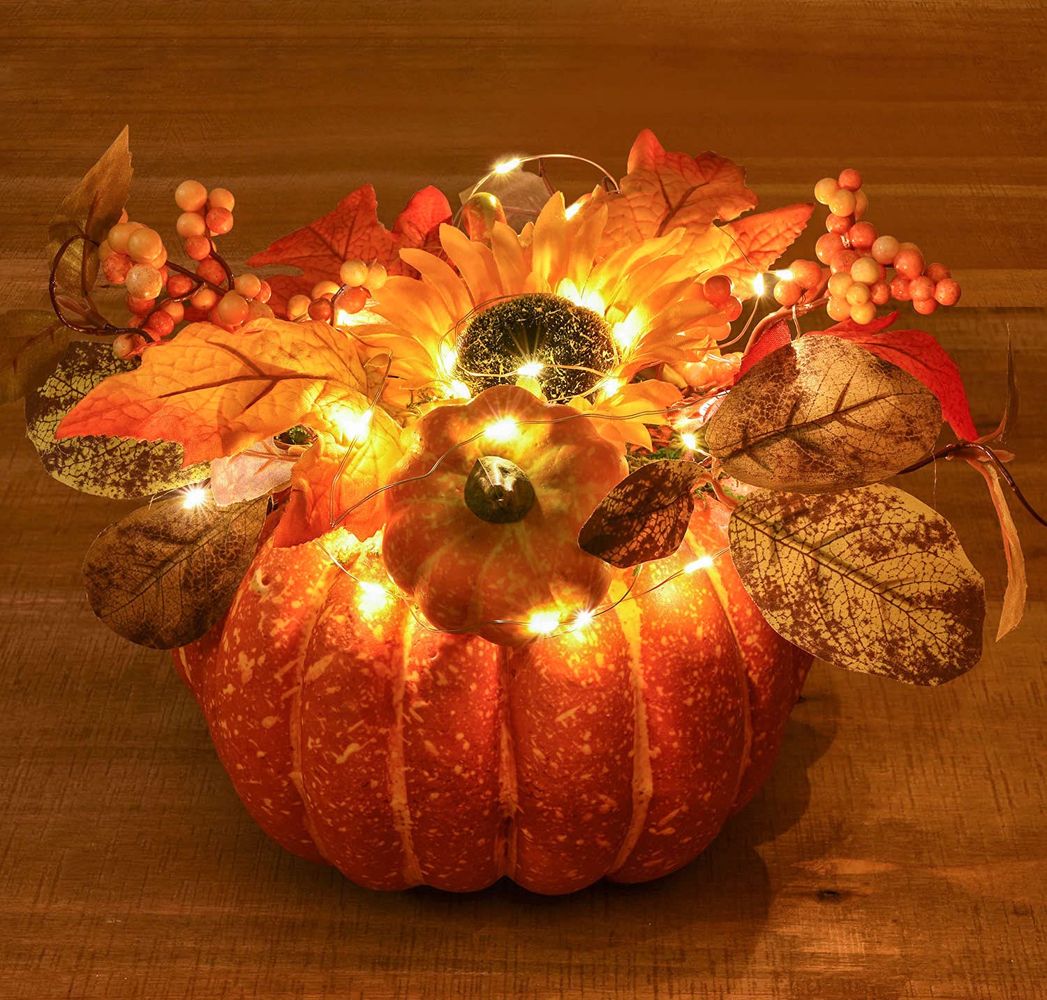 Photo 1 of **DOESN'T HAVE LIGHTS*** Lvydec Large Pumpkin Fall Table Decoration, Artificial Pumpkin with Maple Leaves Sunflower Berries and LED Lights for Fall Table Centerpieces Thanksgiving Decor