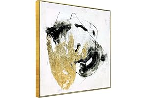 Ysjart - Textured Black and Gold Abstract Wall Art Hand Painted Black and White Canvas Wall Decor with Gold Foil Modern Oil Painting for Living Room Bedroom - 30"x30" Gold Framed