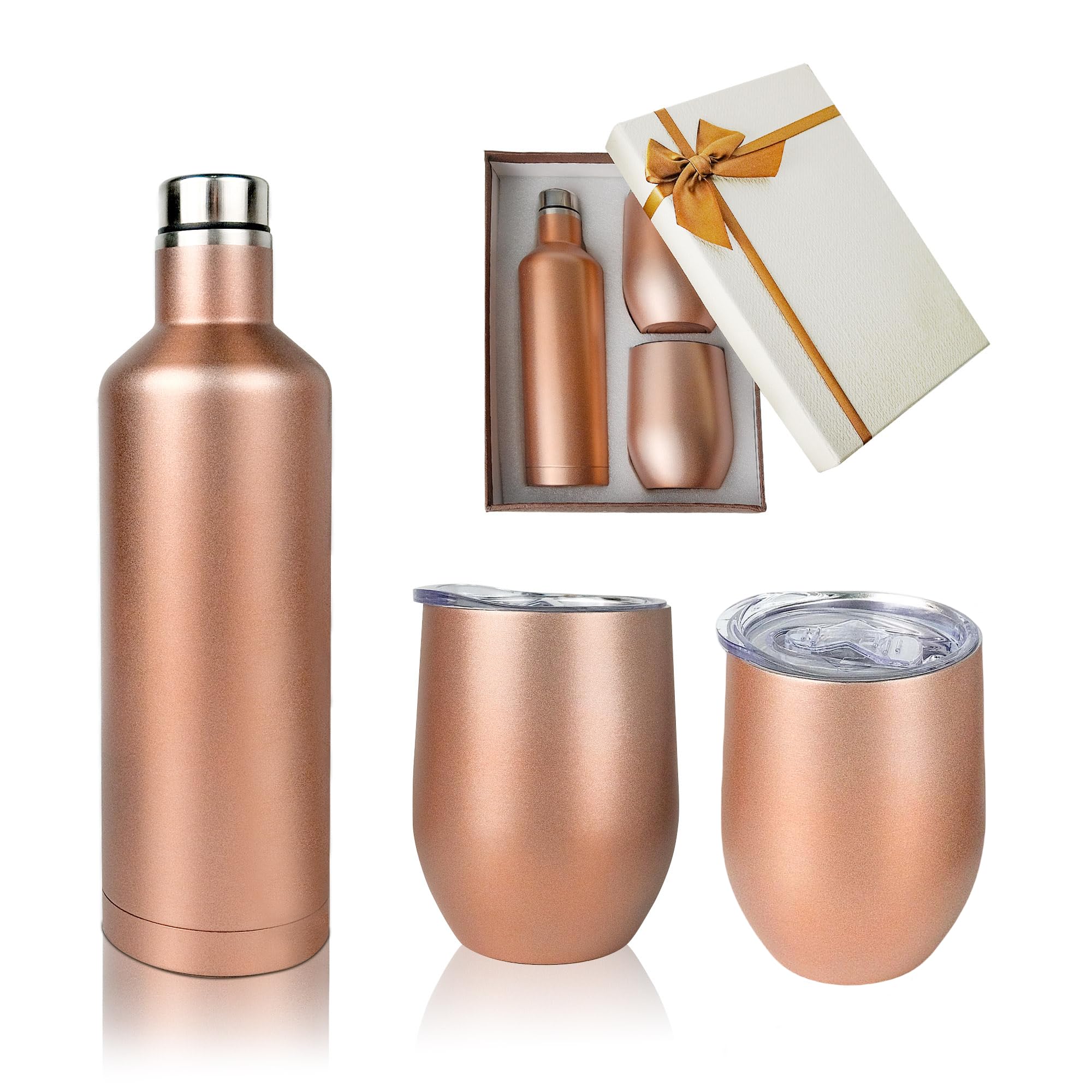 AZKEEGREY 500ml Insulated Wine Bottle and Tumbler with Lid Gift Set, 304 Stainless Steel Insulated Wine Bottle and 2 x 350ml Wine Tumblers for Cold and Hot Drinks (Rose Gold)