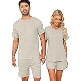 SPKPKEY Matching Pajamas for Couples Ribbed Knit Lounge Set Soft Short Sleeve 2 Pieces Sleepwear S-XXL