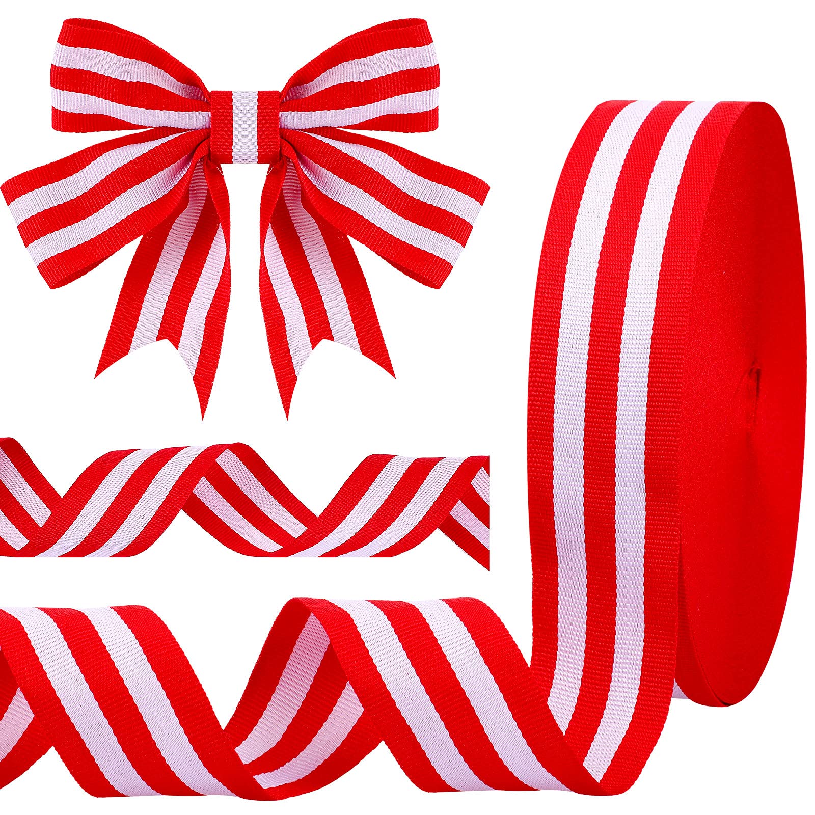 Red and White 50 Yards Striped Grosgrain Ribbon, Double Sided Fabric Ribbon Candy Cane Craft Wrapping Ribbons Roll for Gift Wrapping, Hair Bows, Home Decor, DIY Crafts. Party Decoration (1-1/2 Inch)