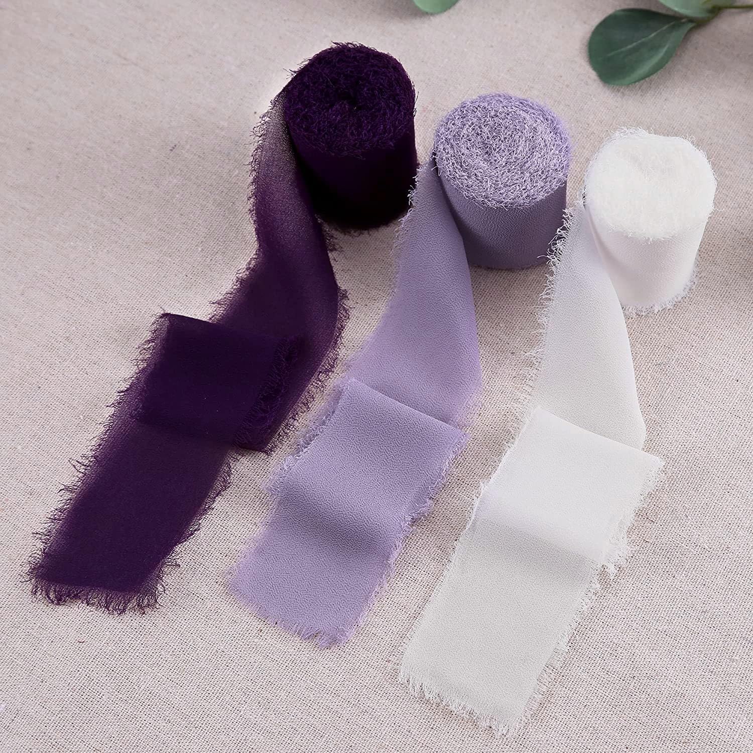JZK 3X Purple White Chiffon Ribbon Rolls, 5m/roll, 4cm Wide Frayed Chiffon Gift Ribbons for Presents, Wedding Invitations, Bouquets, Decorations