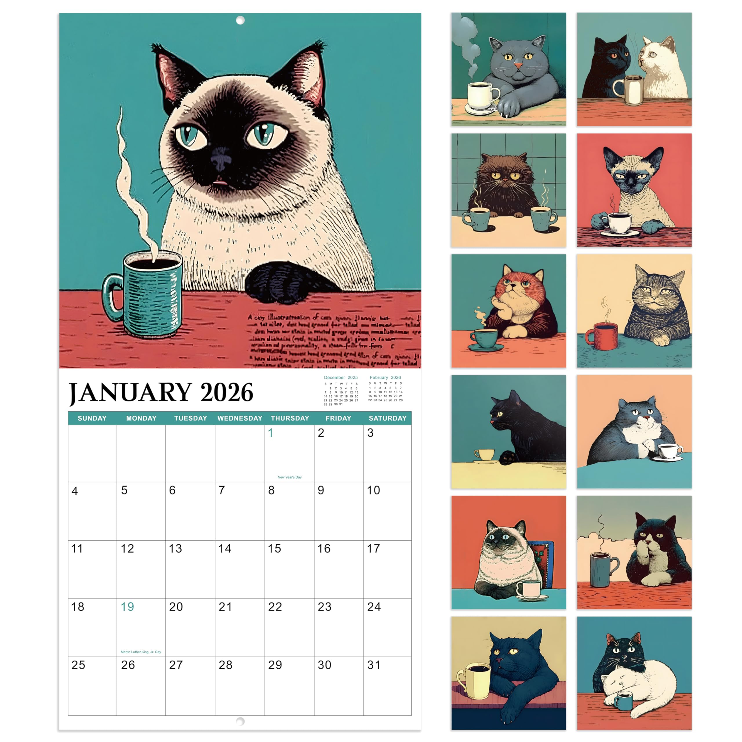 Photo 1 of 2026 Wall Calendar - 2026 Calendar, January - December 2026, 12" x 24" (Open), Cats Calendar 2026 with Hanging Hole for Home & Office