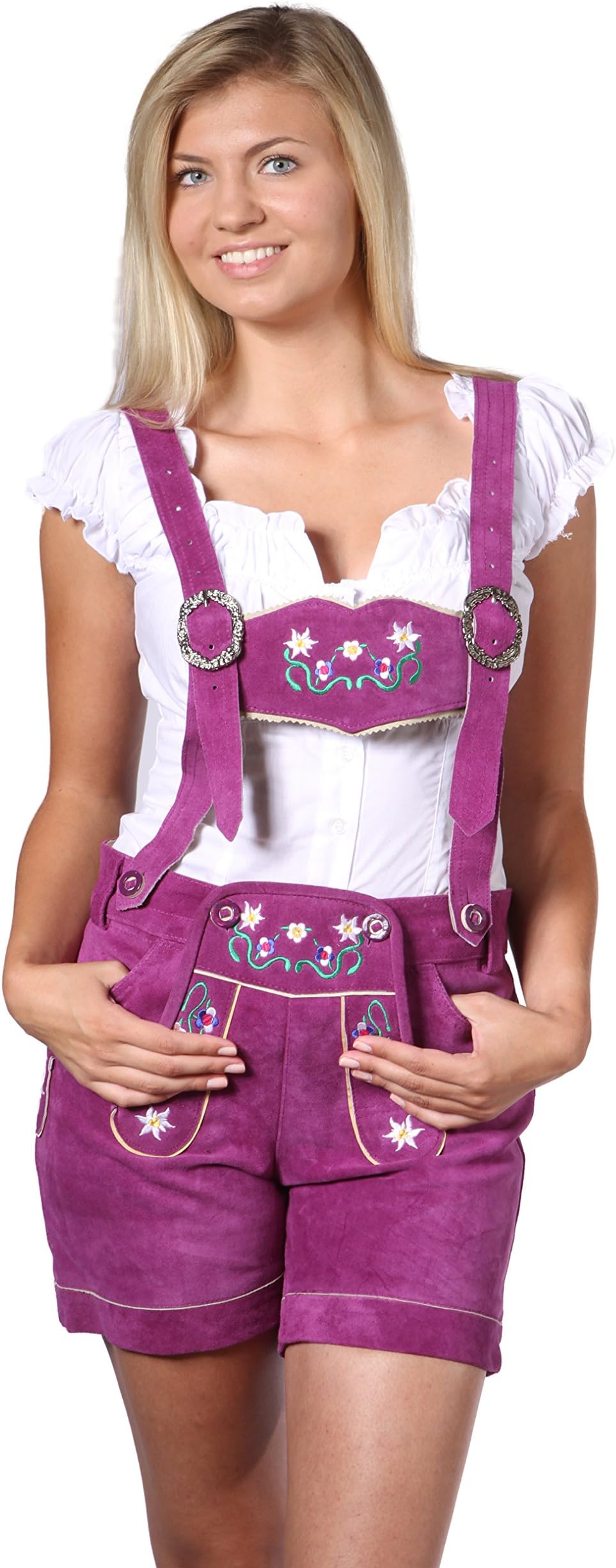 IWN Trachtenmoden Women&rsquo;s Traditional Lederhosen with Braces in Pink Suede, Oktoberfest Bavarian Traditional Costume Leather Shorts Size 6&nbsp;8&nbsp;10&nbsp;12&nbsp;14&nbsp;16&nbsp;18