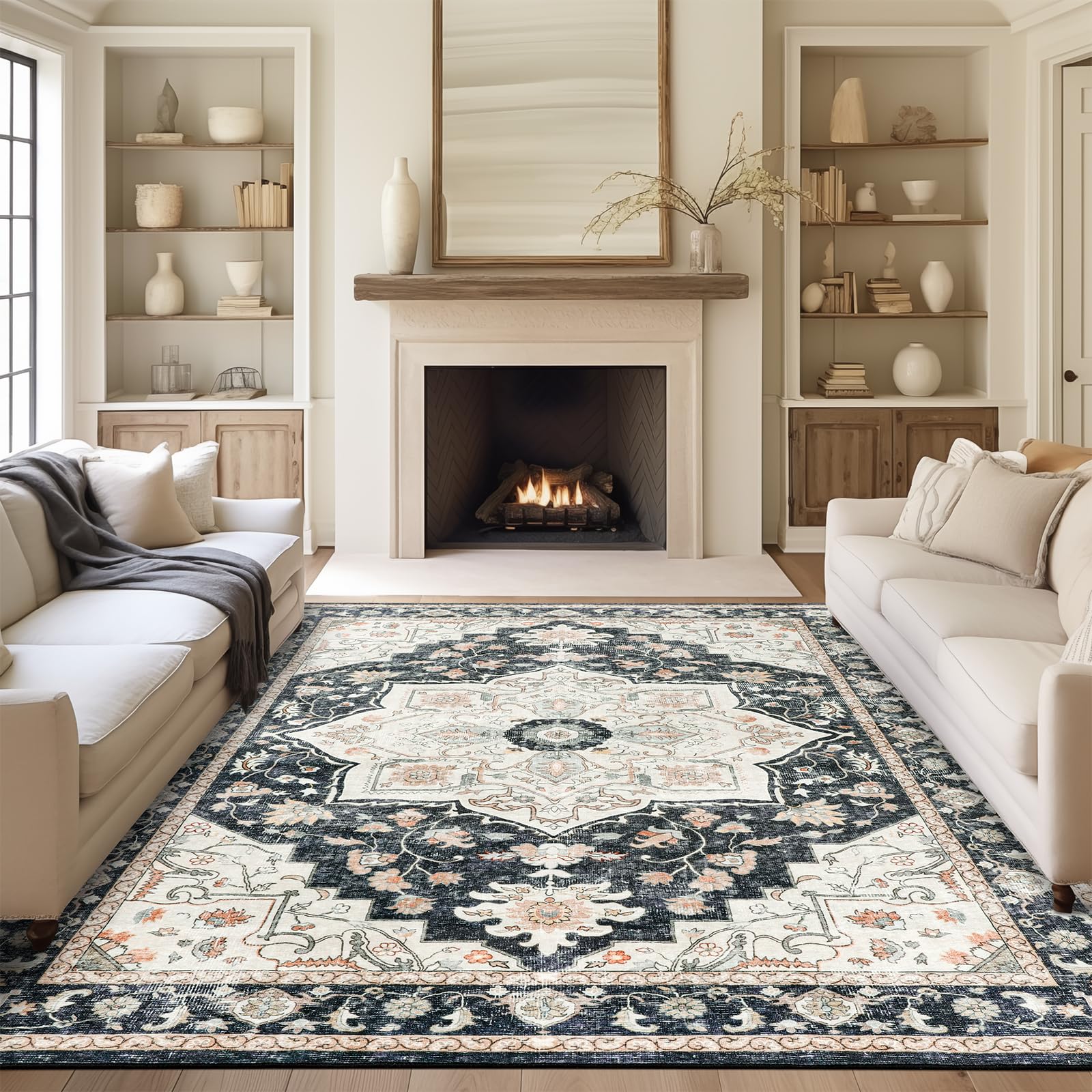Photo 1 of Restydon Washable Rugs 5x7,Ultra-Thin Area Rugs for Living Room,Dining Room,Anti Slip Backing & Stain Resistant Area Rug, Vintage Printed Home Decor Rug (Grey/Black,5'x7')
