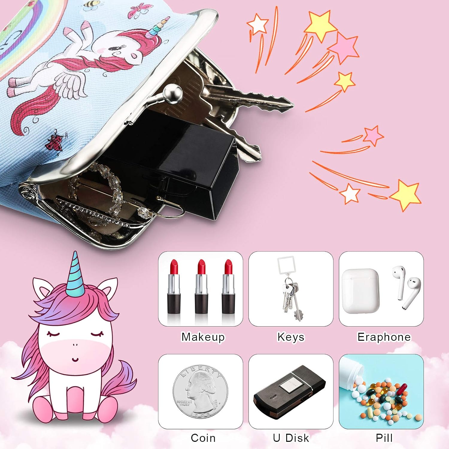 2 Pieces Girls Purses for Kids Unicorn Coin Purse Children Faux Leather Coin Bags Portable Jewelry Pouch with Kiss Lock Cute Unicorn Rainbow Goodie Bag for Little Girls Kids Birthday Party Favors - Image 4