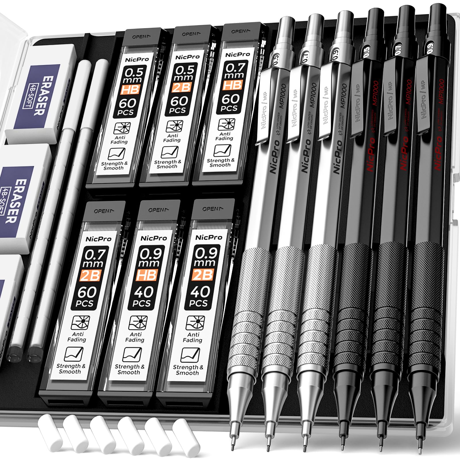 Nicpro 6PCS Metal Mechanical Pencils 0.5 & 0.7 & 0.9 mm with Case, Automatic Retractable Artist Pencil Set with 12 Tubes HB 2B Lead Refills, Erasers, Propelling Pencils For Art Drafting Sketching