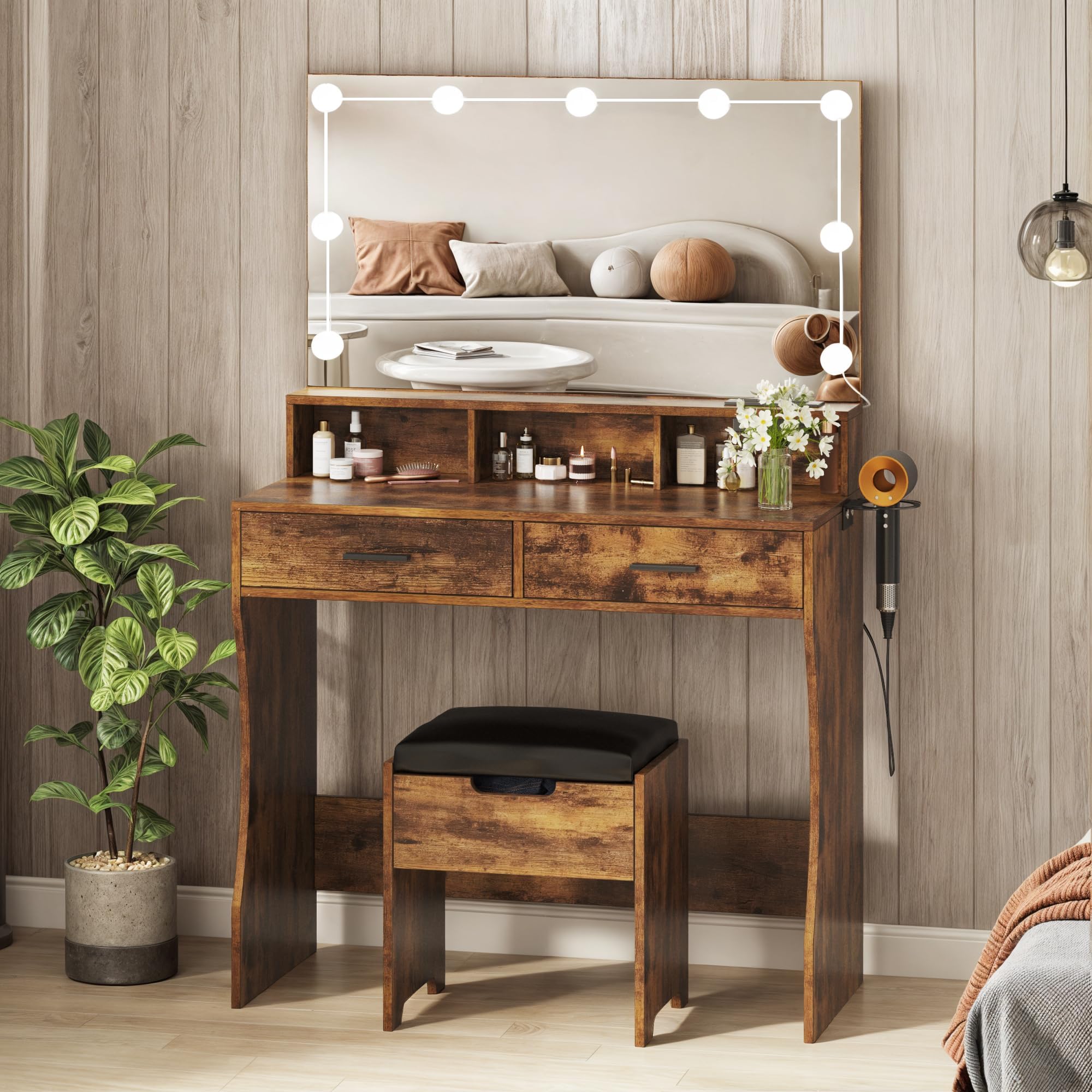 Vabches Vanity Desk with Mirror and Lights,Makeup Vanity with Storage Chair & Drawers,9 Hollywood Bulbs & 3 Lighting Modes,Dressing Table Set with Power Strip for Girls Bedroom,Brown Image