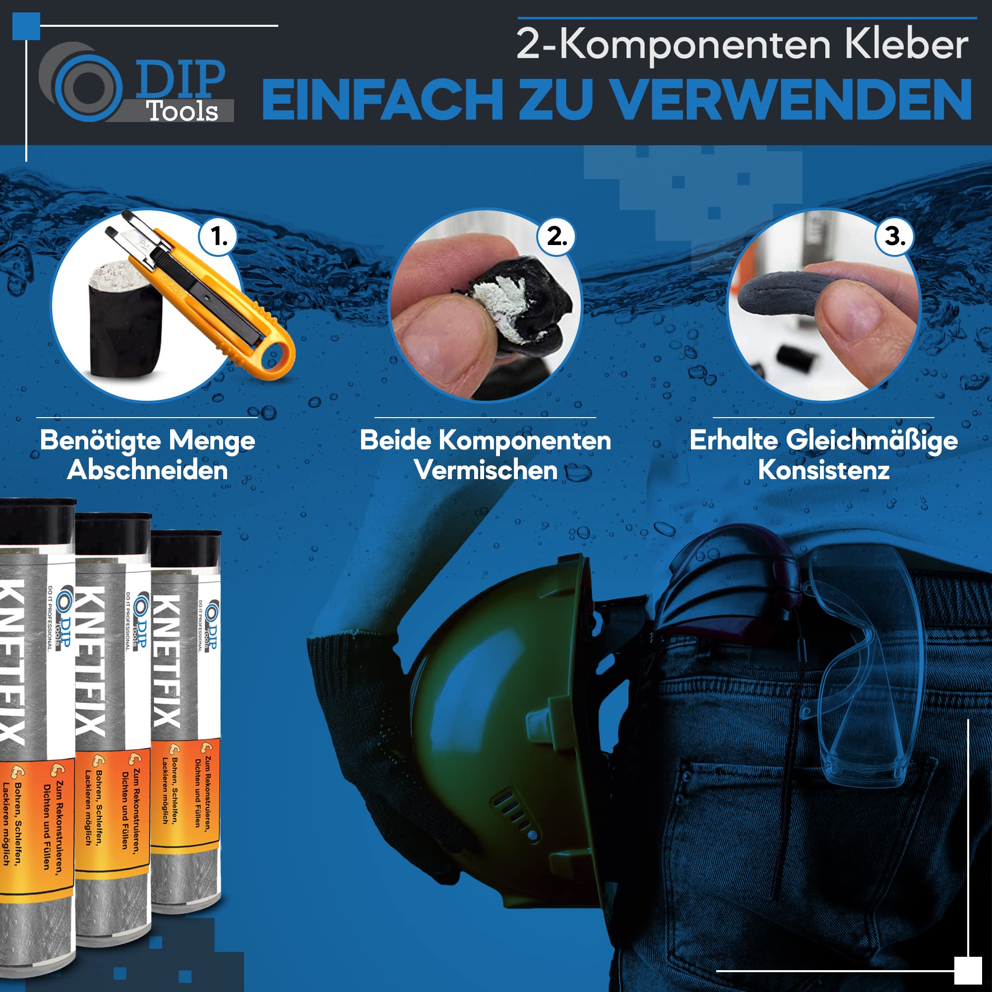 DIP-Tools Wasserdichte 2k Epoxidharz Knete - Epoxidharz mit Härter - 2 Komponenten Kleber - 2k Kleber - Powerknete, Reparaturknete (1x56g) 4
