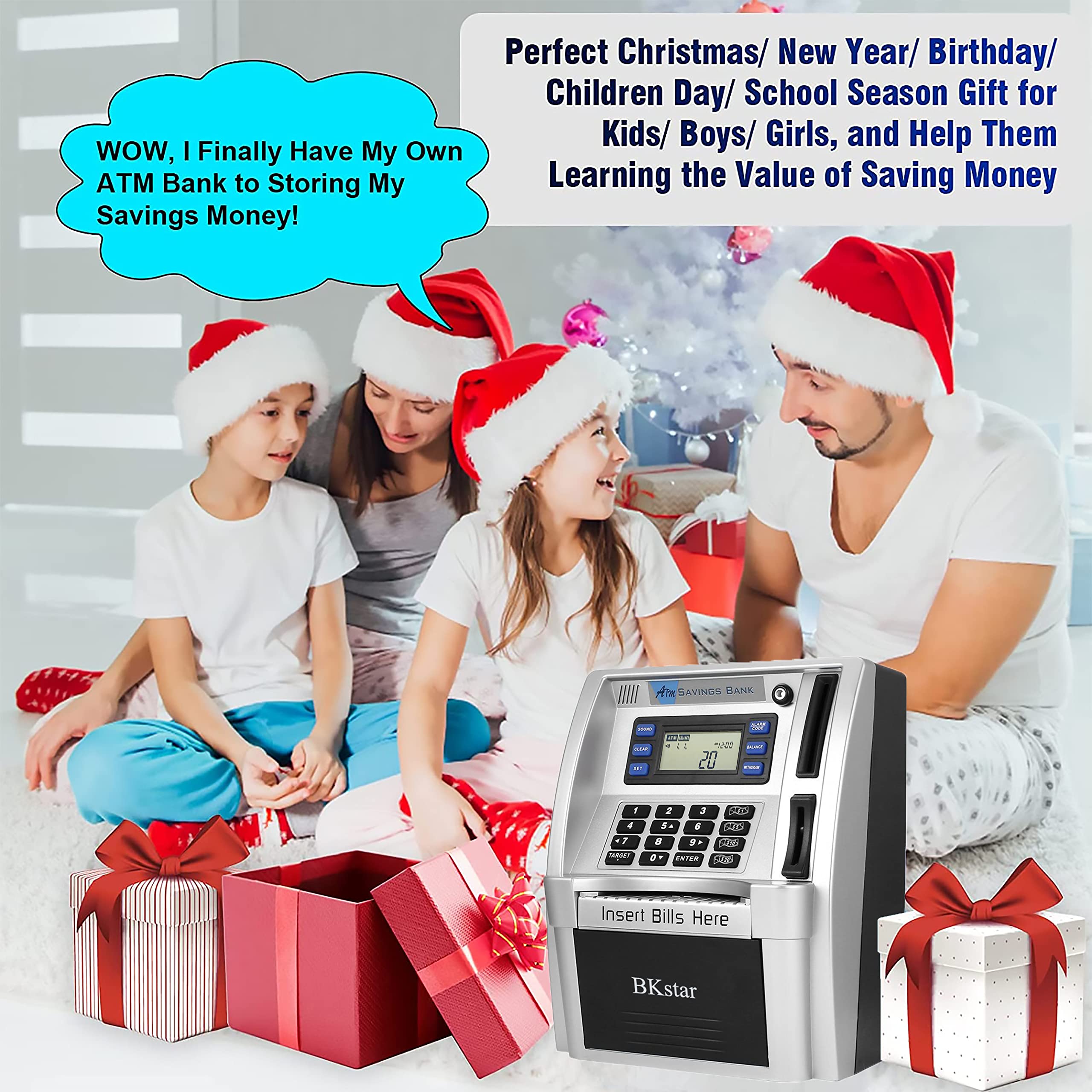 Mini Toy ATM Savings Bank, Pink Piggy Bank Machine for Real Money with Card, Bill Feeder, Coin Reader, Balance Calculator Safe Box for Kids Adults