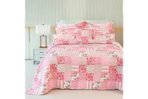 Cmfshape Floral Bedspread with 2 Pillow Shams-Queen Size,Patchwork Pink Quilt Set 3 Piece,Summer Quilt for Girls,Lightweight Reversible Bed Coverlet for All Seasons(Queen92 x96 Pink)