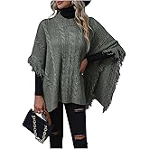 BEAUDRM Women's Tassel Poncho Sweater Mock Neck Dolman Sleeve Fringe Knitted Pullover Cape