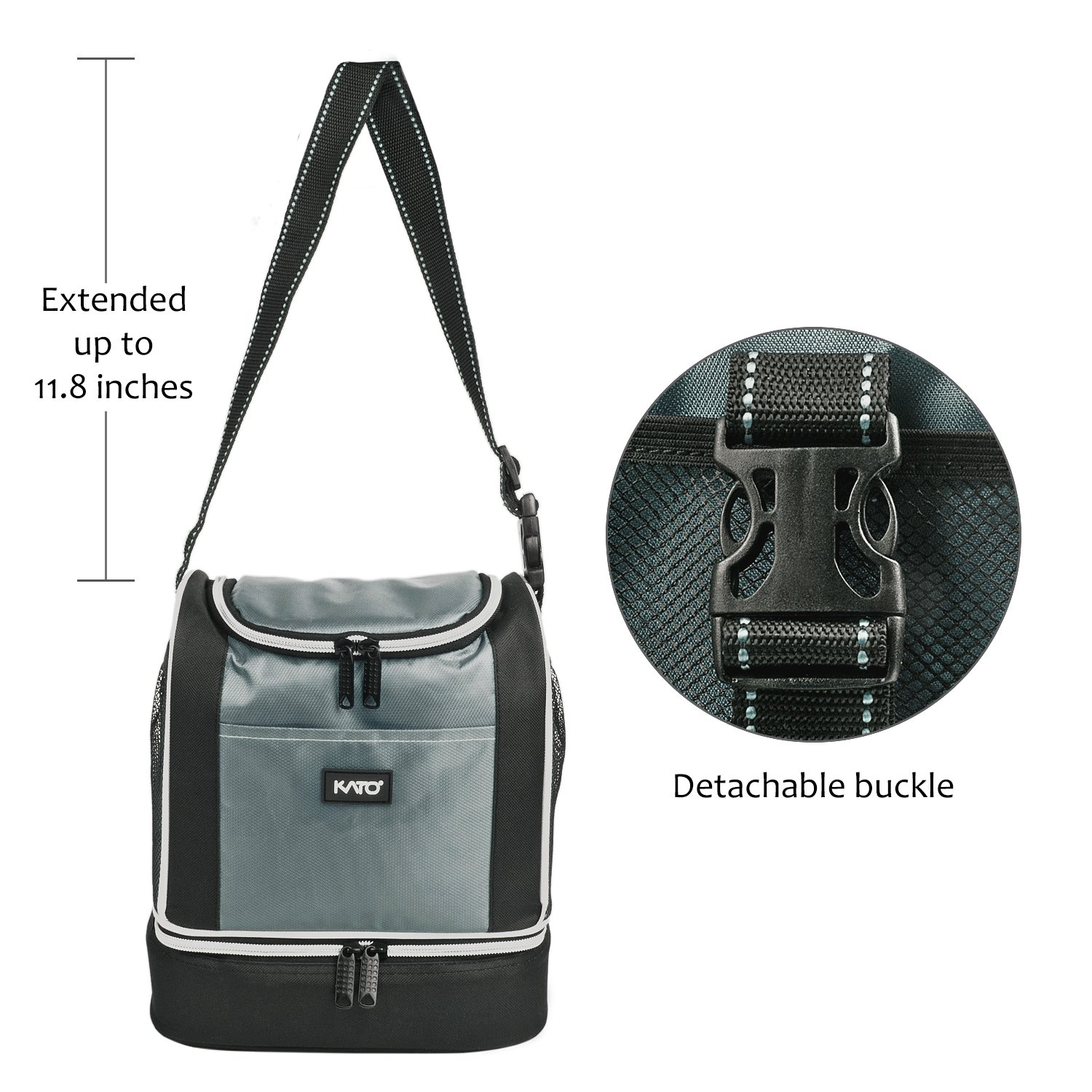 Kato Insulated Lunch Bag, Dual Compartment Portable Bento Cooler Totes for Men and Women, Gray