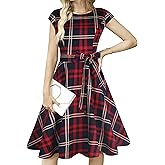tagunop Women's Cocktail Dresses Vintage 1950s Retro Boatneck Cap Sleeve Dress with Pockets