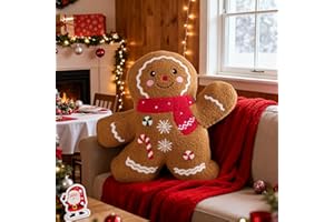 Lanpn Christmas Gingerbread Boy Pillow, Christmas Decoration Winter Throw Pillows Soft Fleece Sherpa Cute 3D Shaped Ginger Bread Man Throw Cushion for Sofa Bedroom Xmas Decor (18x18 inch)