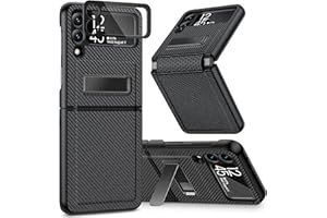 Caka for Galaxy Z Flip 3 5G Kickstand Case, Z Flip 3 Case with Camera Protector Hinge Protection Heavy Duty Shockproof Protection Wireless Charging Cover Case for Samsung Galaxy Z Flip 3 Carbon Fiber