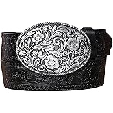 Western PU Leather Cowboy Cowgirl Belt for Men & Women - Vintage Flower Buckle Embossed Leather Belts for Jeans Pants