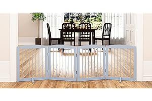 PUPETPO Freestanding Pet Gate for Dogs, Foldable Wooden Dog Gate for House, Indoor Dog Gate for Stair, Doorway,Hall, Step Over Pet Puppy Safety Fence, 80 Inch Wide, 4 Panels 24",Grey
