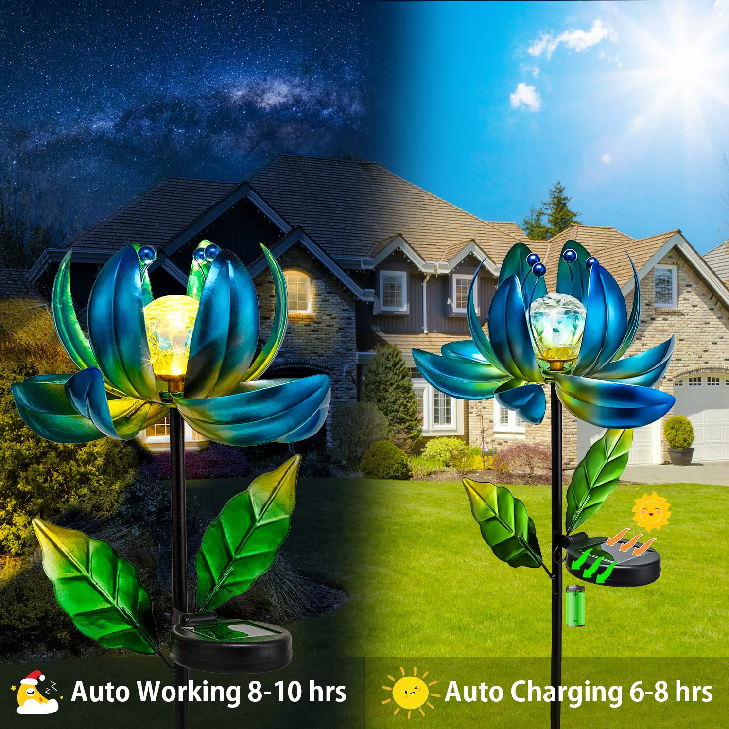 Solar Garden Lights Metal Flower Decor, Colorful Spinning Windmill Lotus Pathway Ligths with LED Cracked Crystal Ball Outdoor Decorative Stake Lighting Waterproof Flower Sculpture for Patio Yard