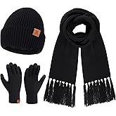 Womens Winter Hats Long Scarf Touch Screen Gloves Set Knit Warm Beanie Hat Scarves Gloves for Women Cold Weather Fleece Gifts