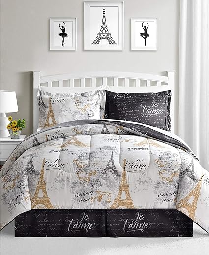 Fairfield Paris Queen Bedding Comforter Set Black And White Reversible 8 Piece Bed In A Bag Eiffel Tower Gold Design