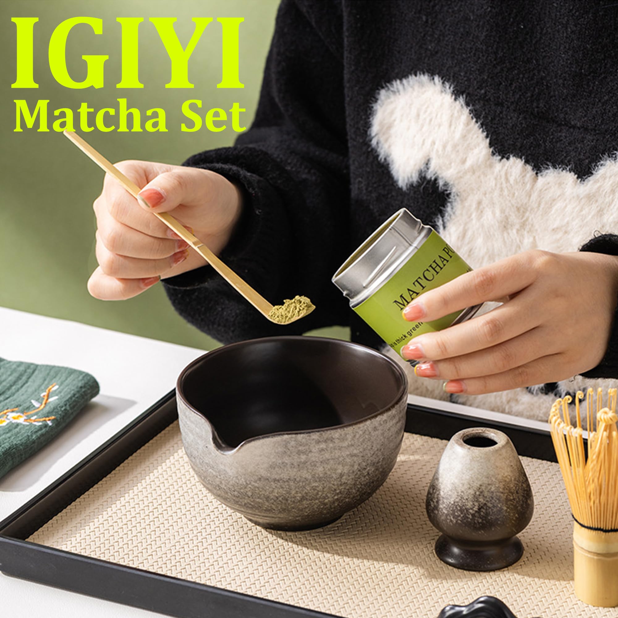 ​​Japanese Matcha Set 7pcs - Ceramic Bowl & Hyaku Hon Tachi Bamboo Whisk (Chasen), Chashaku Spoon, Strainer, Cloth - Traditional Tea Ceremony Kit​