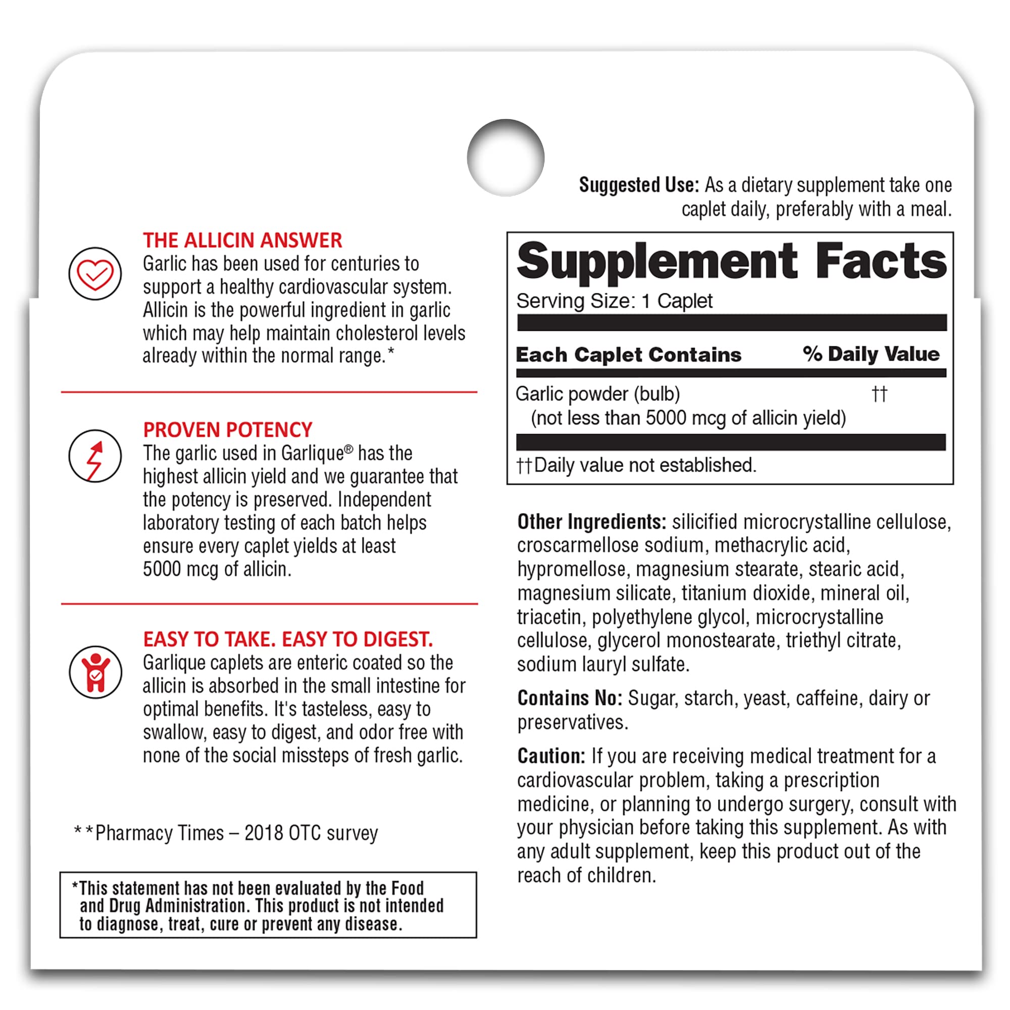 Garlique Garlic Extract Supplement, Healthy Cholesterol Formula, Odorless & Vegan, 60 Caplets