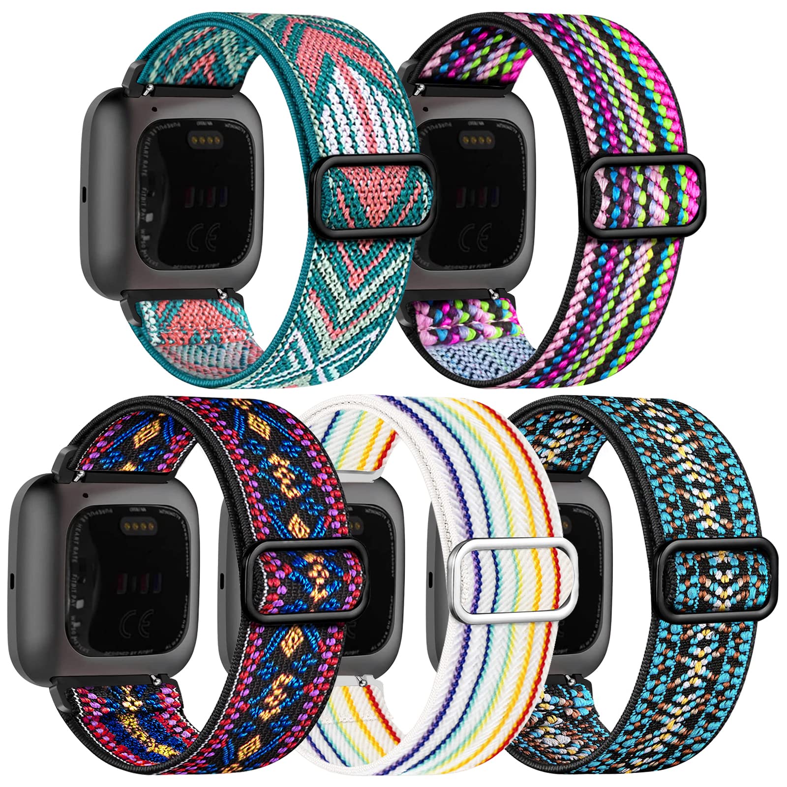 chinbersky 5 Pack Strap Compatible with Fitbit Versa 2 Straps/Fitbit Versa Strap for Women and Men, Soft Adjustable Stretch Nylon Sport Replacement Band for Fitbit Versa 2/Versa/Versa Lite/SE