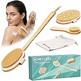 Nevlers Natural Boar Bristle Dry Brushing Set | 4-Piece Body Brush Kit for Exfoliating, Lymphatic Drainage & Circulation | Body Brush, Face Brush, Long-Handled Back Brush + Storage Bag