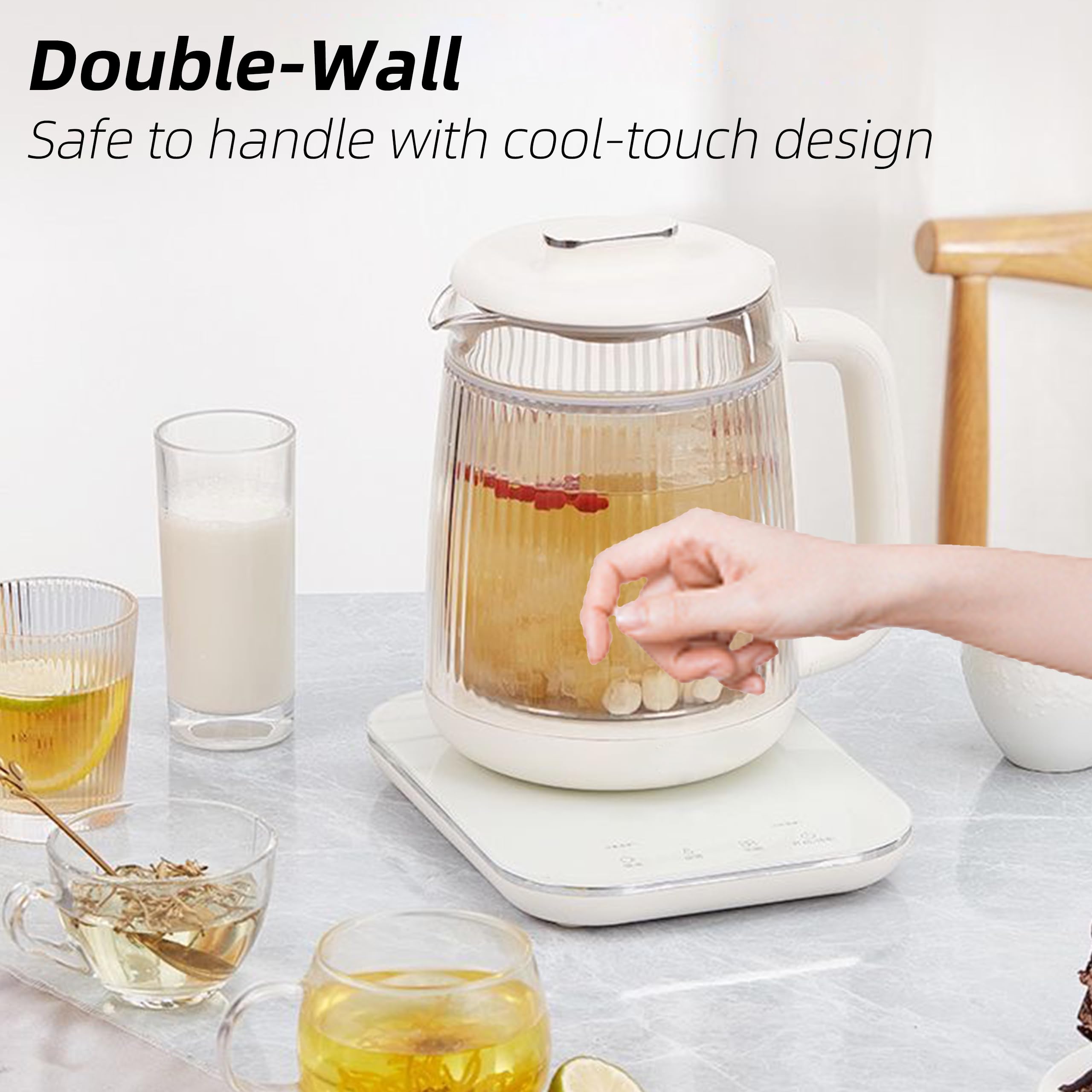 Health Pot, Hervidor eléctrico de vidrio de doble capa de 1,5 l con olla para estofado, tetera multifunción 9 en 1 para sopa, gachas, té de hierbas, base de acero inoxidable, panel táctil de vidrio, programable