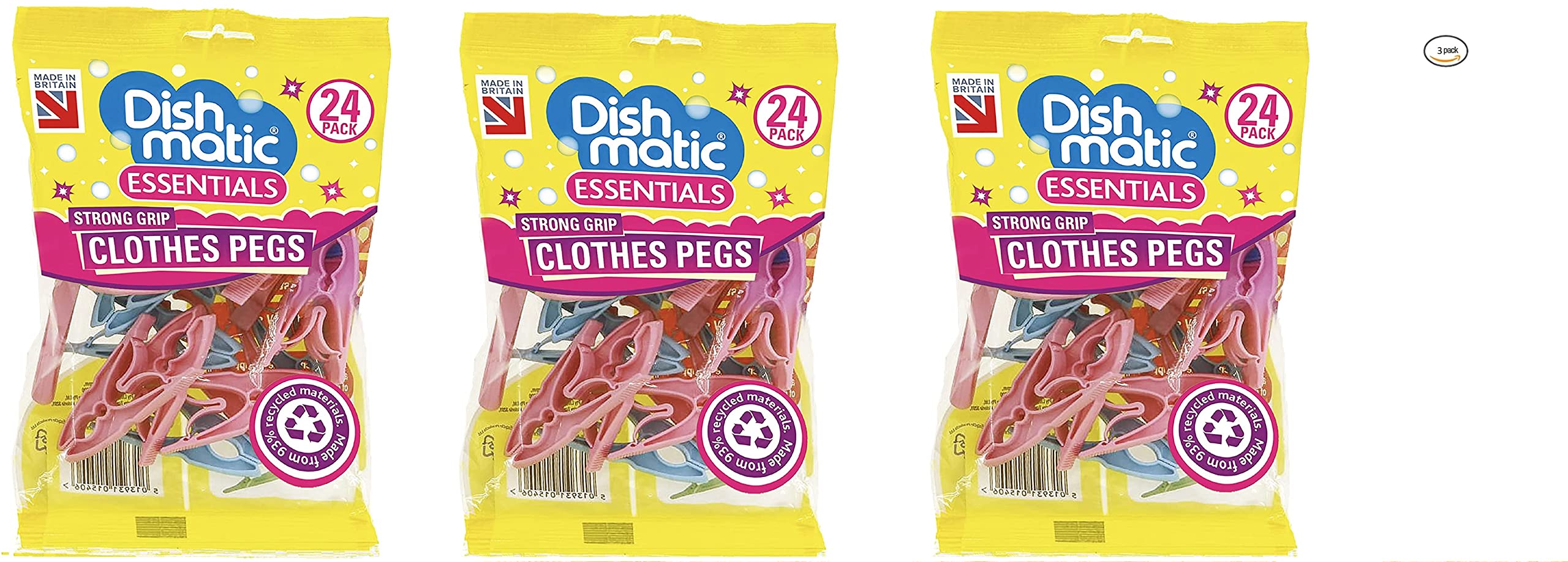 Dishmatic Essentials 72 Strong Hurricane Force Grip Clothes Pegs made of Recycled Plastic (3 packs of 24) - NOT SOLD BY CARASELLE