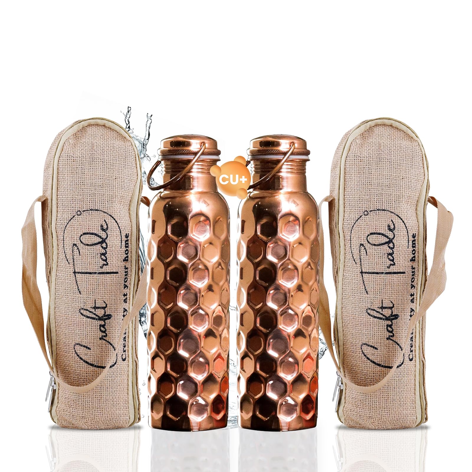 Craft Trade Pack of 2 Hammered Pure Copper Bottle with Lid and Carry Bag for Drinking Water BPA Free Leak Proof Supports Digestive & Liver Health, Ayurveda Inspired 34oz - 1 Litre Natural