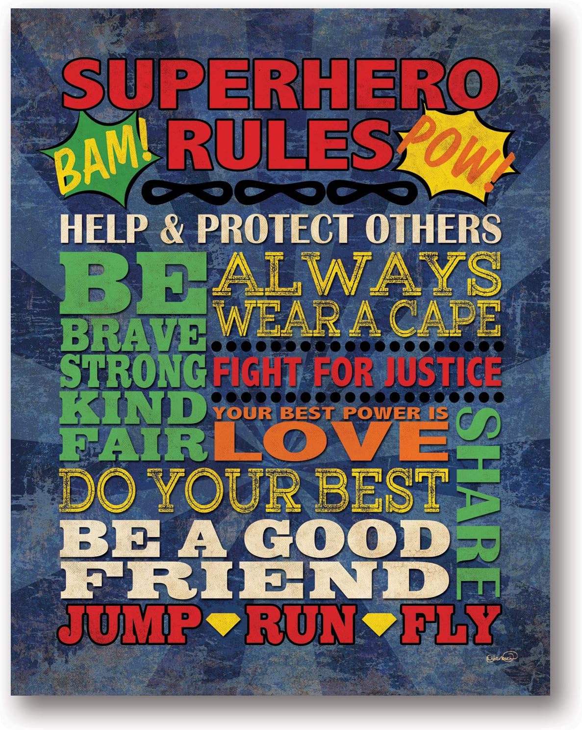 Gango Home Décor Fun Colorful Popular Superhero Rules Poster Print; Great for a Childs Room or Nursery; One 12x16in Poster Print. Blue/Red/Yellow/Green
