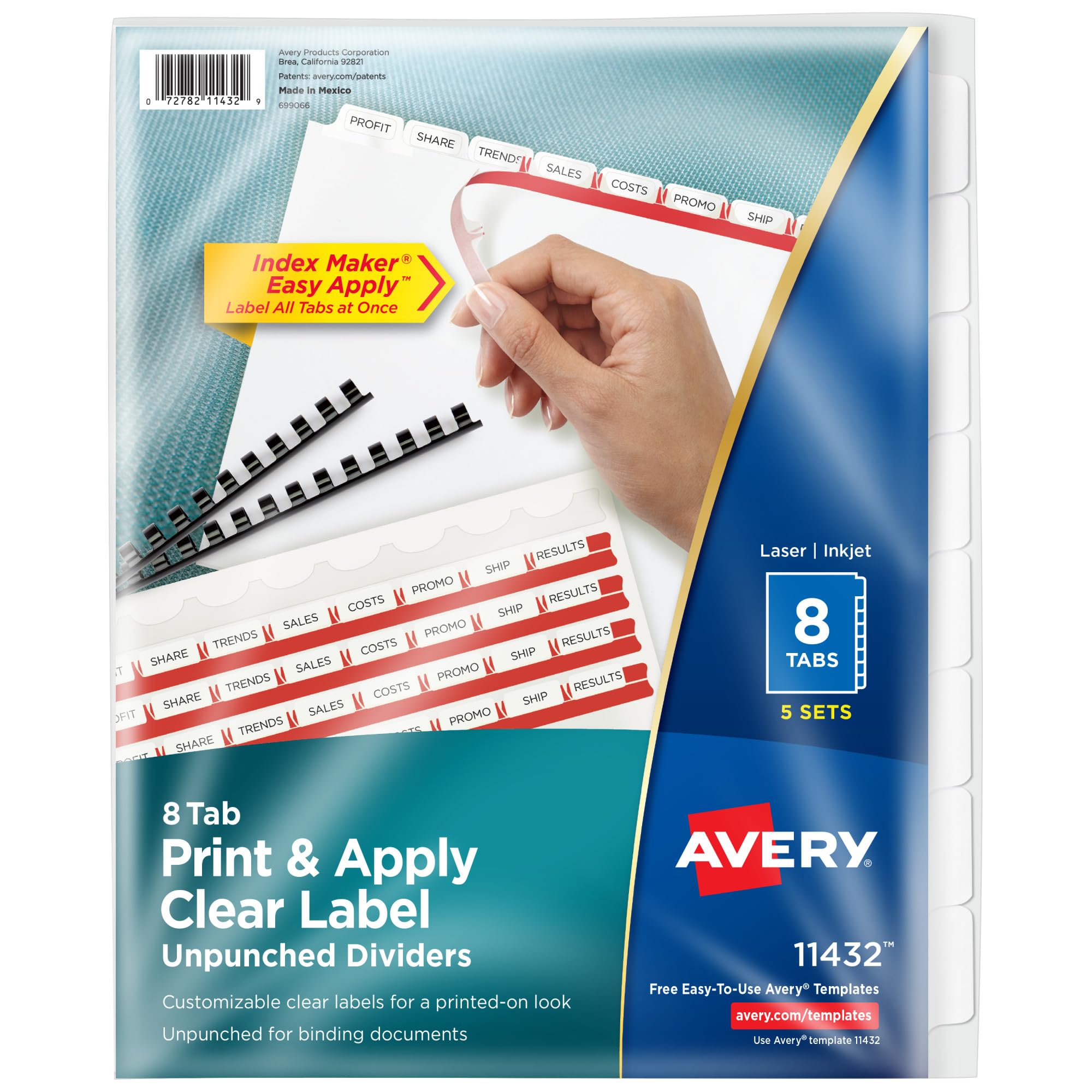 Avery 8 Tab Unpunched Dividers for Use with Any Binding System, Easy Print & Apply Clear Label Strip, Index Maker Customizable White Tabs, 5 Sets (11432)