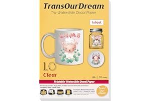 TransOurDream WaterSlide Decal Paper Inkjet CLEAR (20 Sheets, A4 Size) Transparent Water Slide Transfer Paper Printable Waterslide Decals for Tumblers, Mugs, Glasses, Ceramics (TRANS-016)