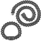 JUNVirtuous 2 Pieces Cuban Link Chain for Men Cuban Diamond Chain Necklace and Bracelet Iced Out Miami Cuban Hip Hop Jewelry