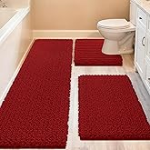 ACCUMTEK Upgrade Extra Large Red Bathroom Rug Set 3 Pieces Ultra Soft, Thick Absorbent Bath Mats, Non Slip Chenille Toilet Mat for Bathroom, Bedroom, Kitchen