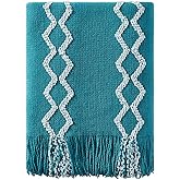 BOURINA Fluffy Chenille Knitted Fringe Throw Blanket Lightweight Soft Cozy for Bed Sofa Chair Throw Blankets Teal 60" x 80"