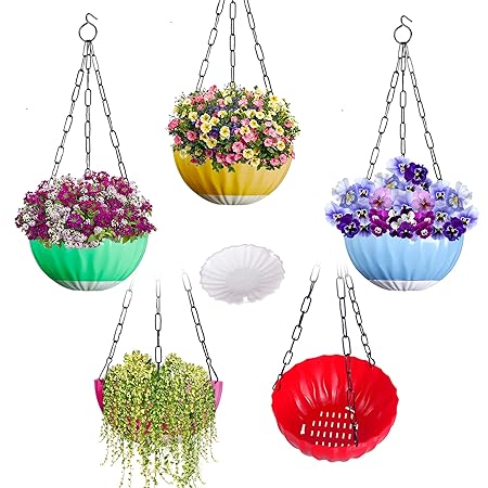 DOAP Plastic Big Hanging Pot -Self Watering Planter, Multicolor, 8.5 inch, 5 Piece