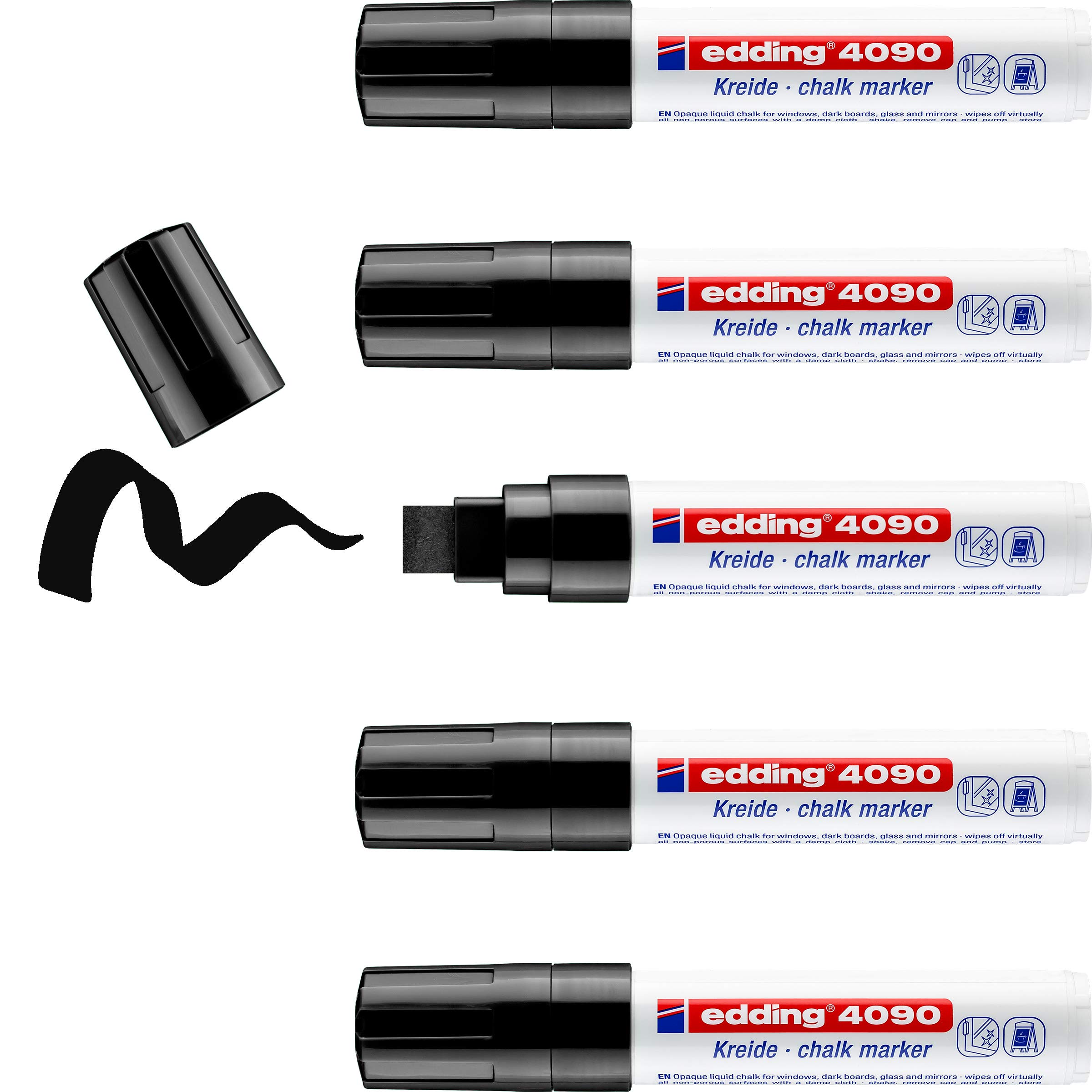 edding 4090 chalk marker - black - 5 chalk pens - chisel tip 4-15 mm - broad-tipped wet wipe pen for chalkboards, windows, glass, mirrors - liquid chalk marker pens for opaque coverage