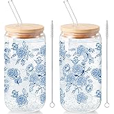 Sliner 2 Pcs Blue Flower Glass Cups Floral Gifts Drinking Glasses 16 oz Iced Coffee Tumbler with Lid Straw Beer Can Tumbler Cute Holiday Gifts for Home Office Decorations