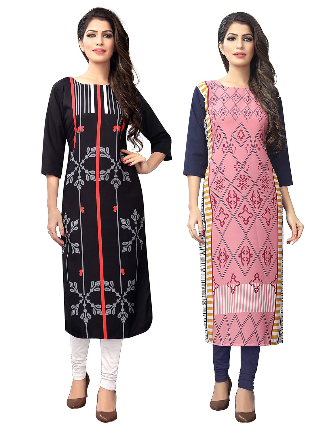 1 stop fashion women's multi-coloured crep knee long w style kurtas/kurti (pack of 2)