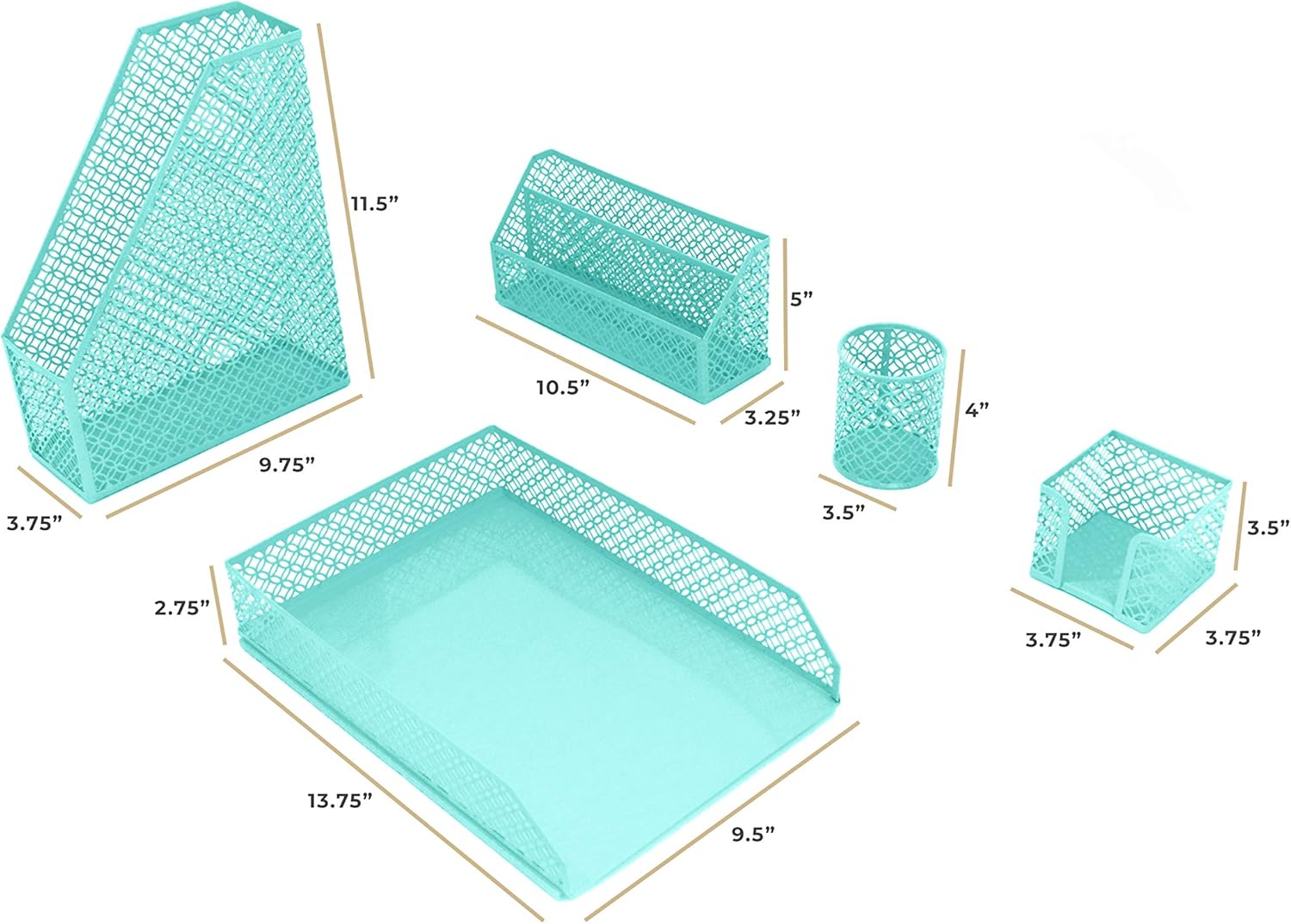 Aqua - Teal 5 Piece Cute Desk Organizer Set - Desk Organizers and Accessories for Women - Cute Office Desk Accessories - Desktop Organization : Office Products