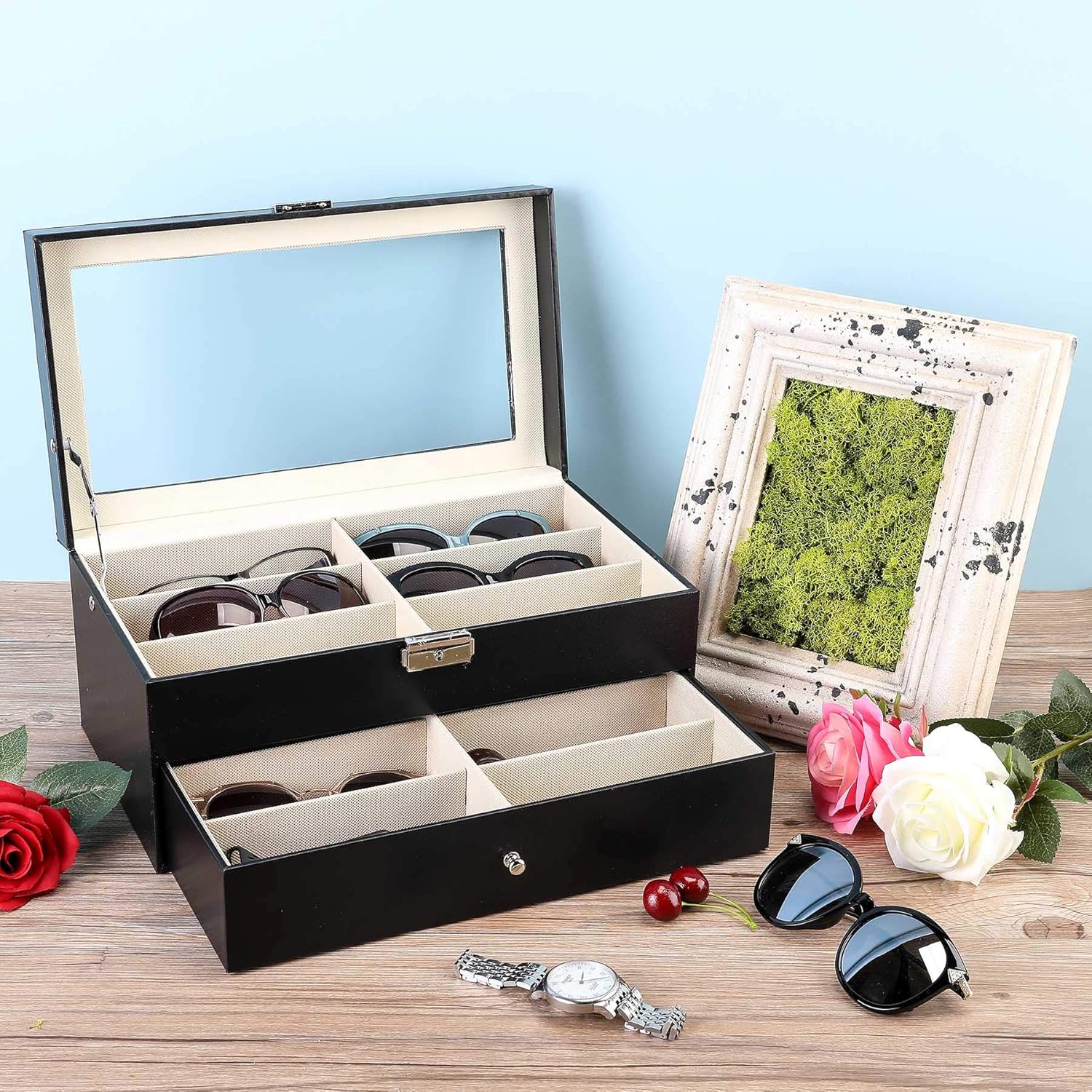 CO-Z Sunglasses Organizer for Women Men, Multiple Eyeglasses Eyewear Display Case, Leather Multi Sunglasses Jewelry Collection Holder with Drawer, Sunglass Glasses Storage Box with 12 Compartments: Home & Kitchen