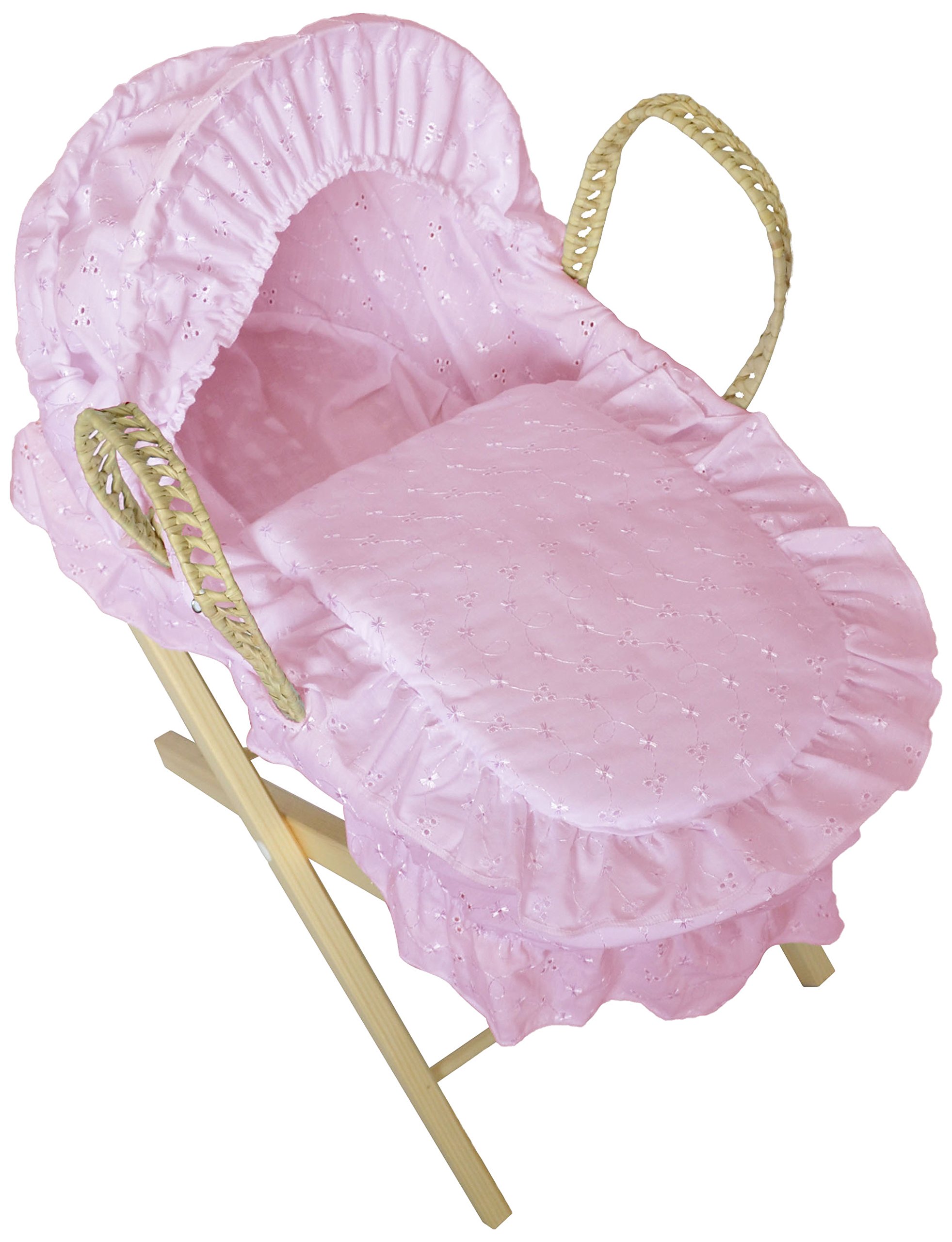 pink moses basket with stand